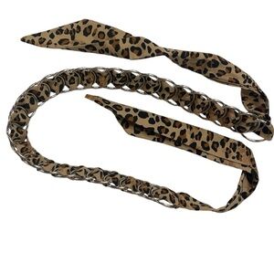 Leopard print 1.5” wide fabric and metal circle tie belt 53” long